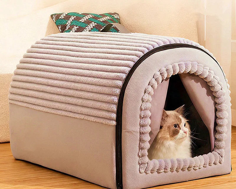 Mysig Semi-Enclosed Plyschbädd för Katt och Hund
