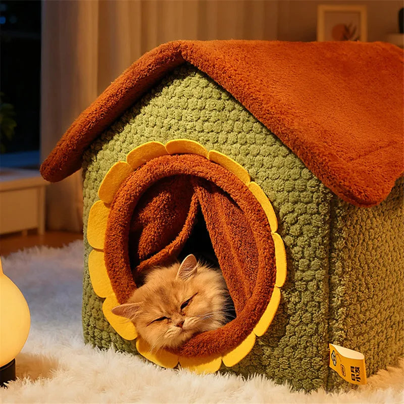 Mysig Semi-Enclosed Plyschbädd för Katt och Hund