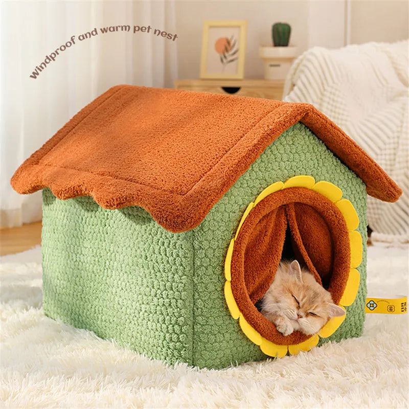 Mysig Semi-Enclosed Plyschbädd för Katt och Hund