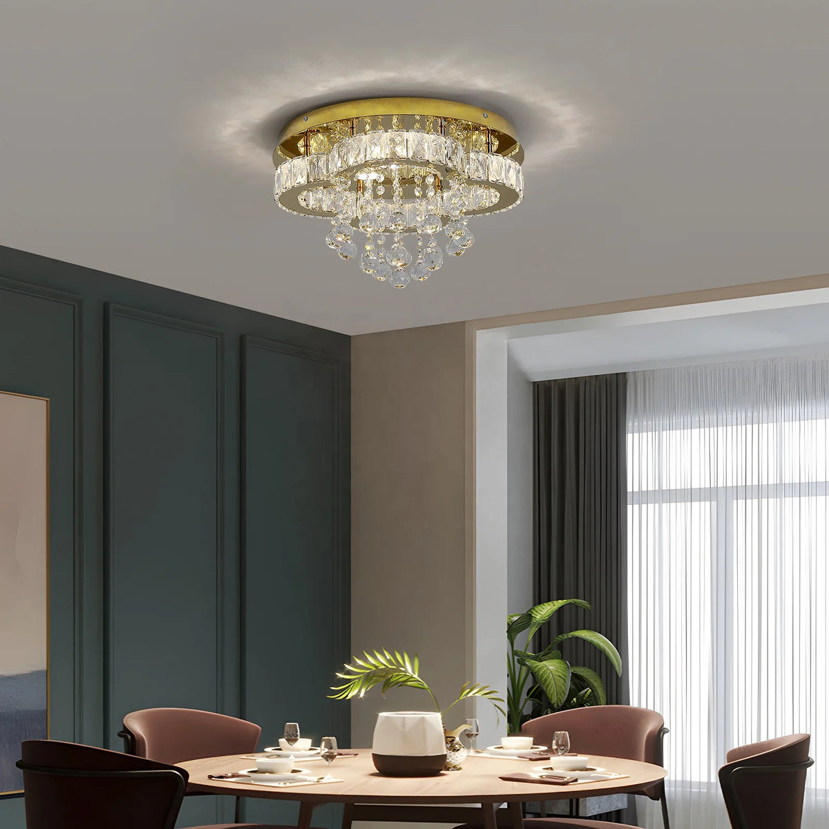 Chic Guld LED Taklampa med Kristall – Dimbar & Ytmonterad