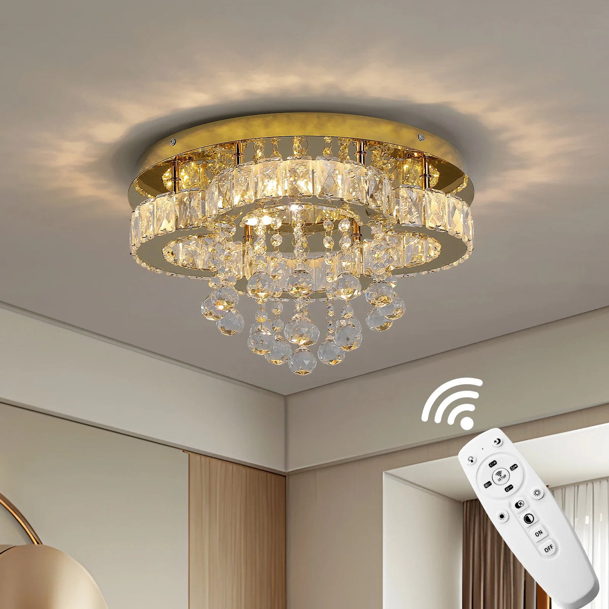 Chic Guld LED Taklampa med Kristall – Dimbar & Ytmonterad