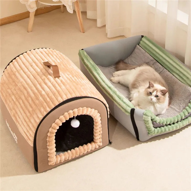 Mysig Semi-Enclosed Plyschbädd för Katt och Hund