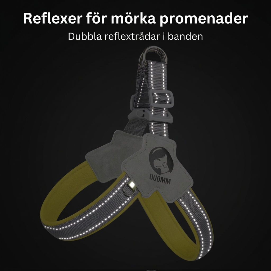 Gul och grå hundsele med dubbla reflextrådar, med svensk information om reflexerna.